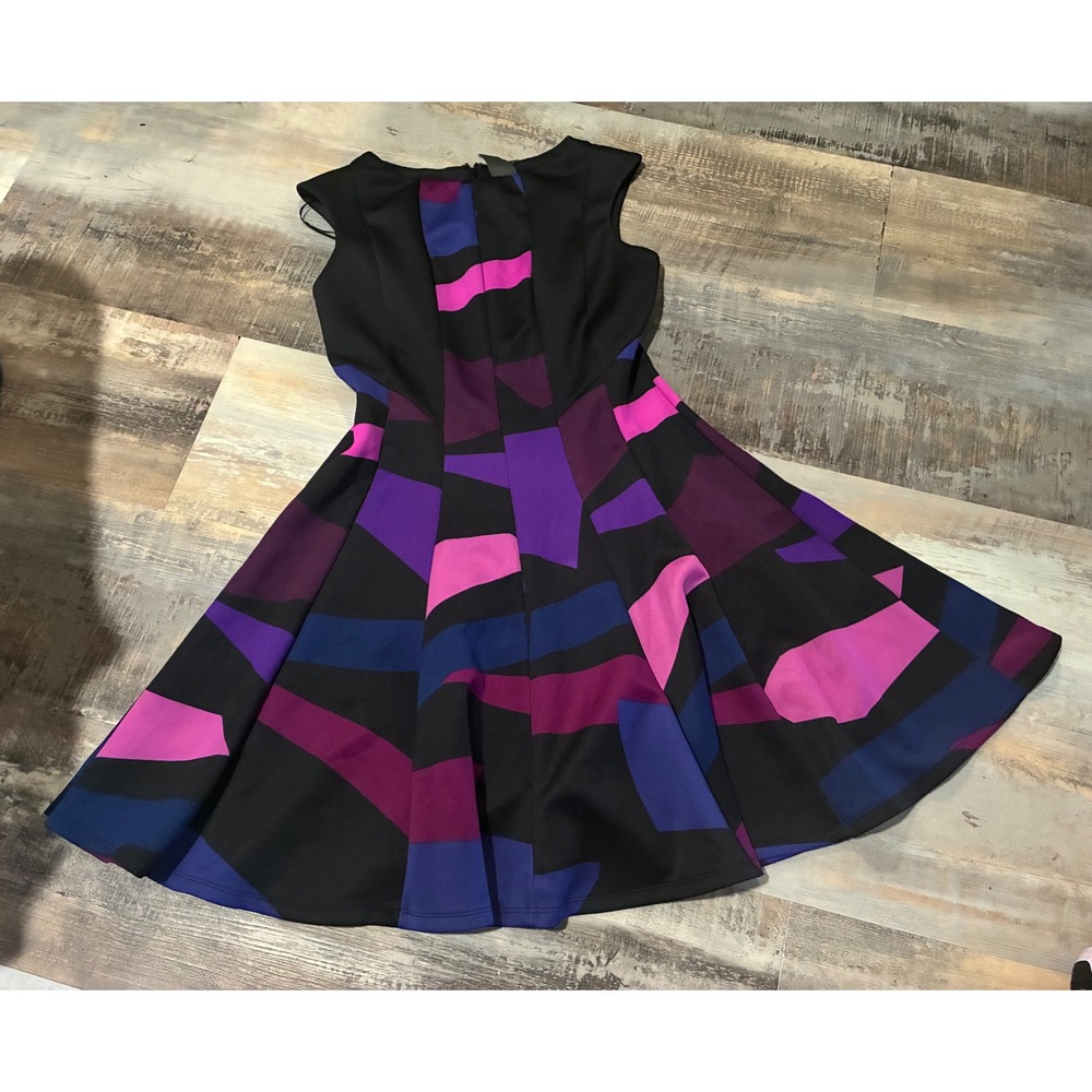 Taylor Womens Geometric Abstract Print Fit and Flare Dress Black Purple Pink 10